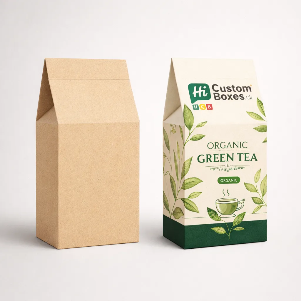 Gable-style paper bags for loose tea, featuring a plain kraft version and a printed organic design. class=